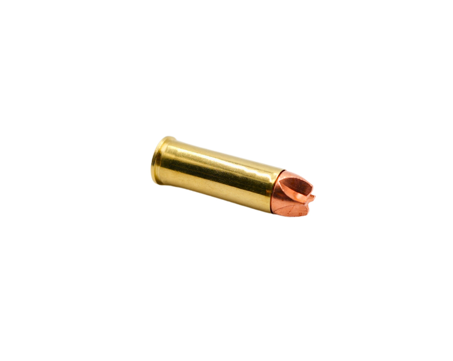 Picture of a round of 44MAG 160GR Black Hills Honey Badger (D44MN5) displayed on its side at Bone Frog Ammunition