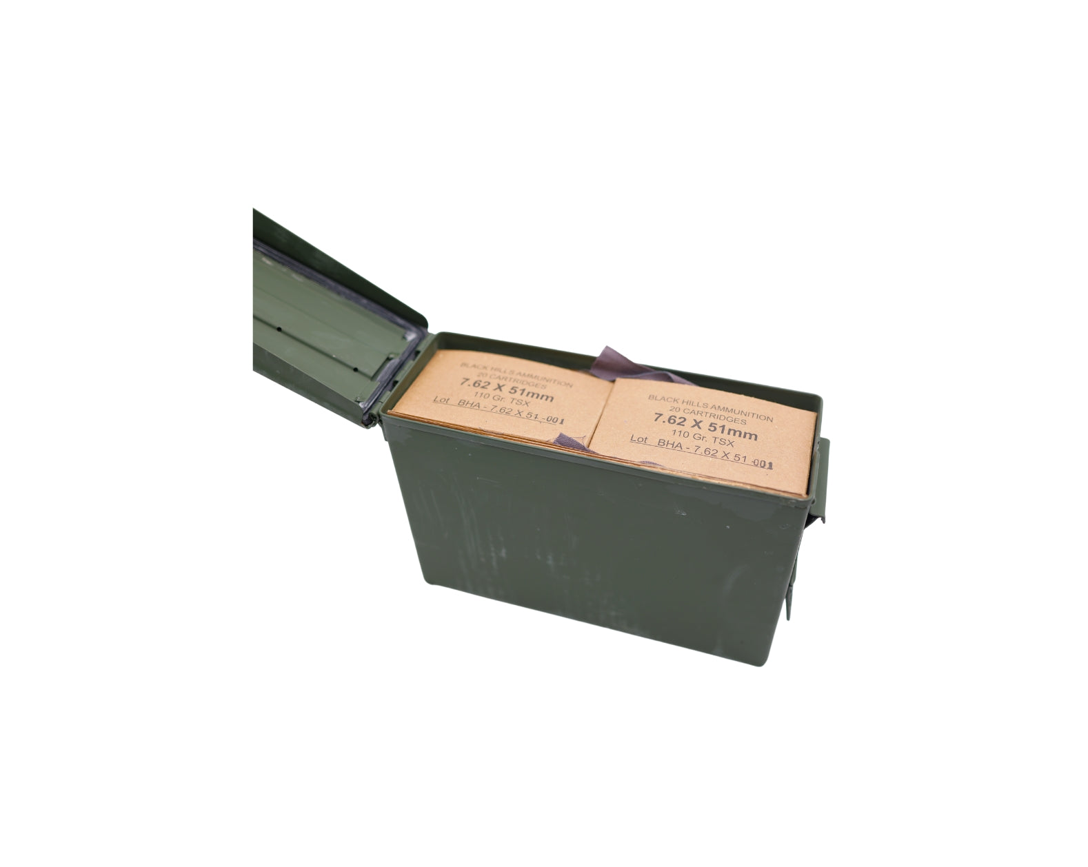 Picture of Ammo Can showing 20 RD boxes of A7.62x51 110GR Black Hills Barnes TSX (MP2407.62x51N1) at Bone Frog Gun Club
