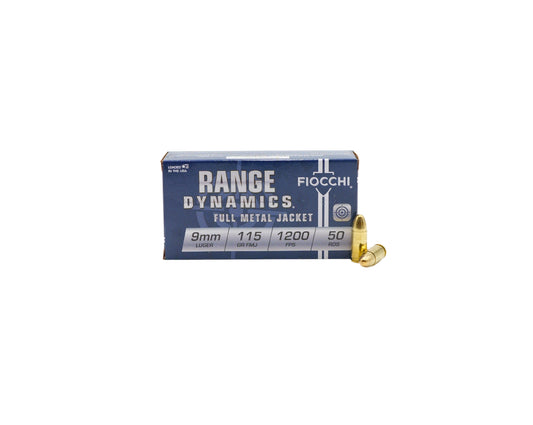 Picture of a box of a 50 RD box with rounds of 9MM 115GR Fiocchi FMJ (9AP) at Bone Frog Ammunition.