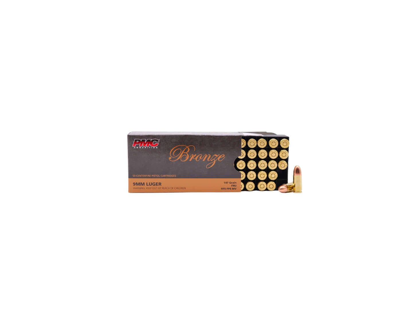 Picture of a 50 RD Box showing rounds of 9MM 147GR PMC BRONZE FMJ (9H) at Bone Frog Ammunition