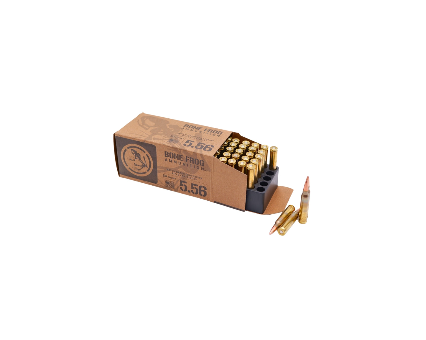 Picture of 50 RD box showing rounds of 5.56 70GR Bone Frog Ammunition™ Barnes TSX (TSX BT) (B556TSX70) at Bone Frog Ammunition