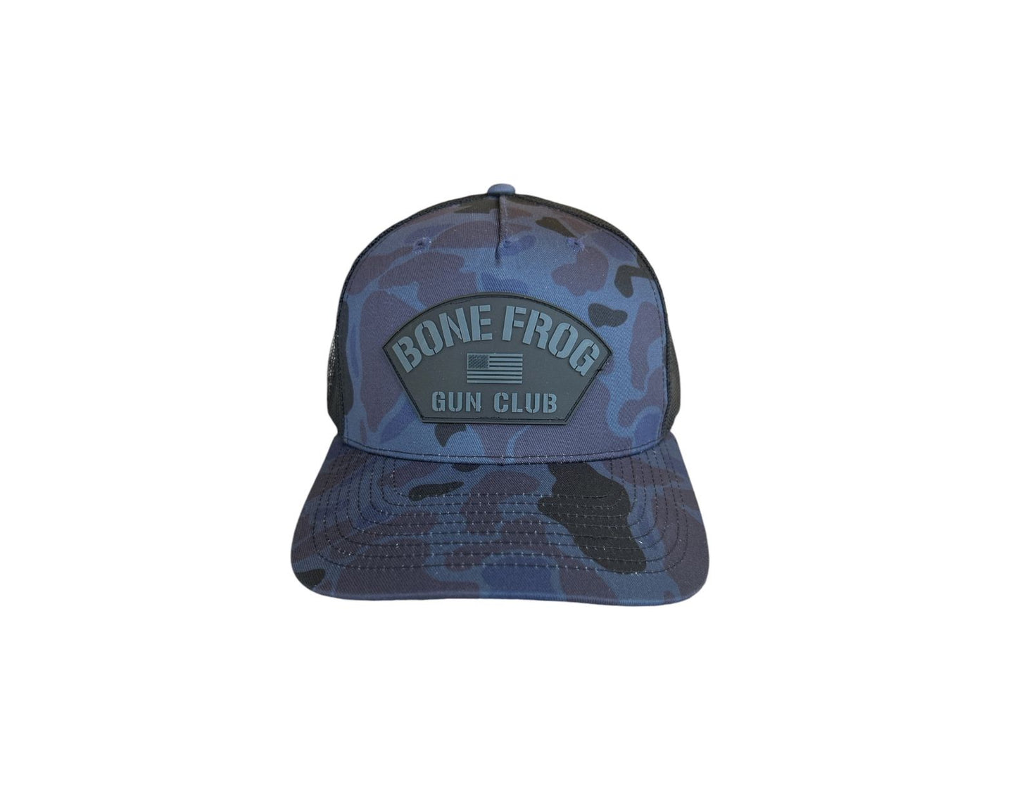Blue Frogskin Trucker Hat at Bone Frog Gun Club front view