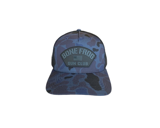 Blue Frogskin Trucker Hat at Bone Frog Gun Club front view