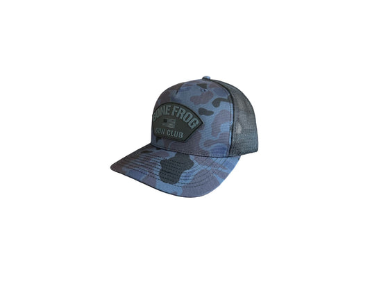 Blue Frogskin Trucker Hat at Bone Frog Gun Club side view