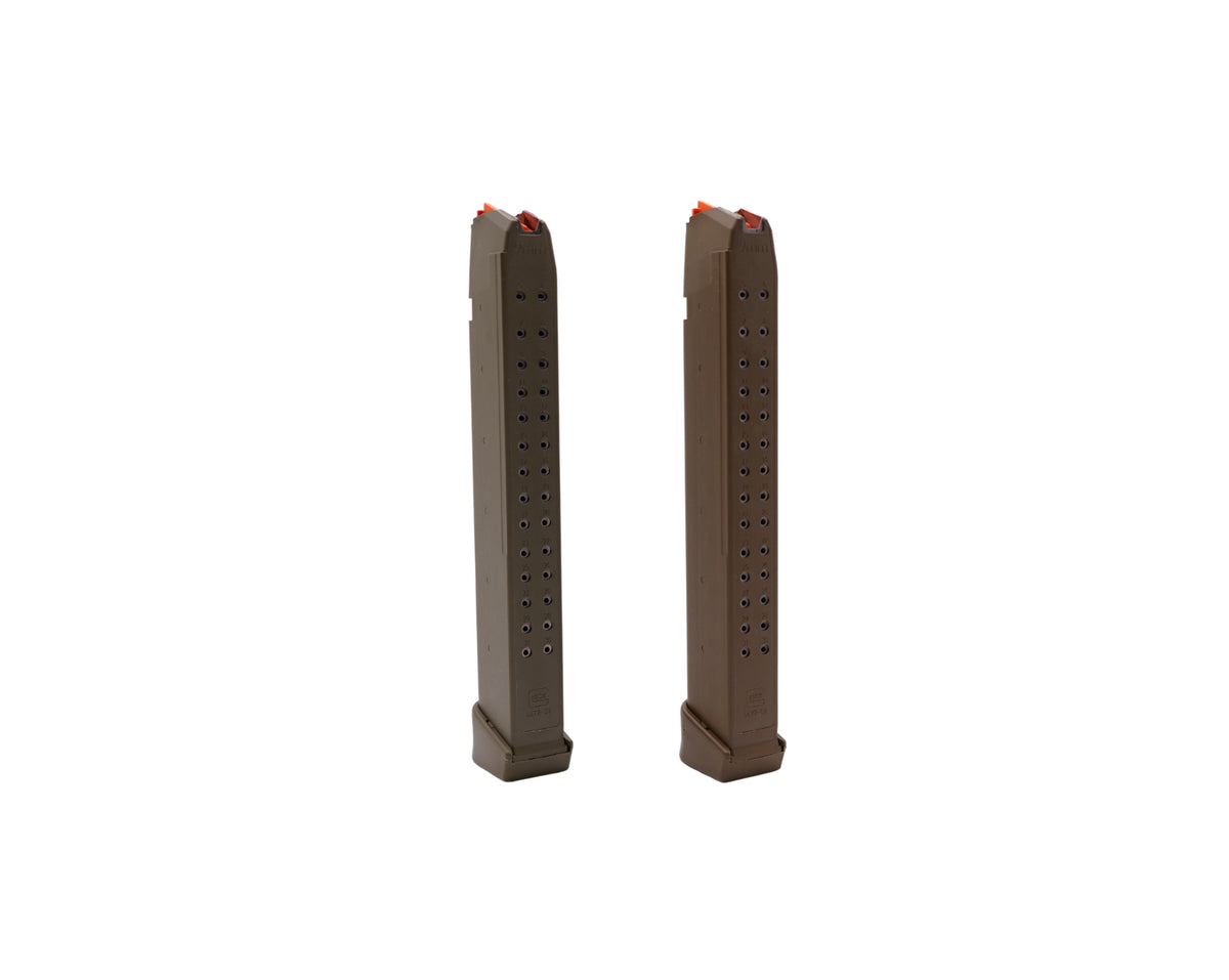 Picture of side view of a FDE and ODG Glock 17 33 RD Magazine at Bone Frog Ammunition
