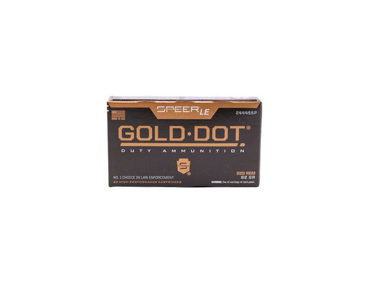 Picture of 20 Round Box of 223 REM 62GR Speer Duty Rifle Gold Dot Soft Point (24445SP) at Bone Frog Ammunition 