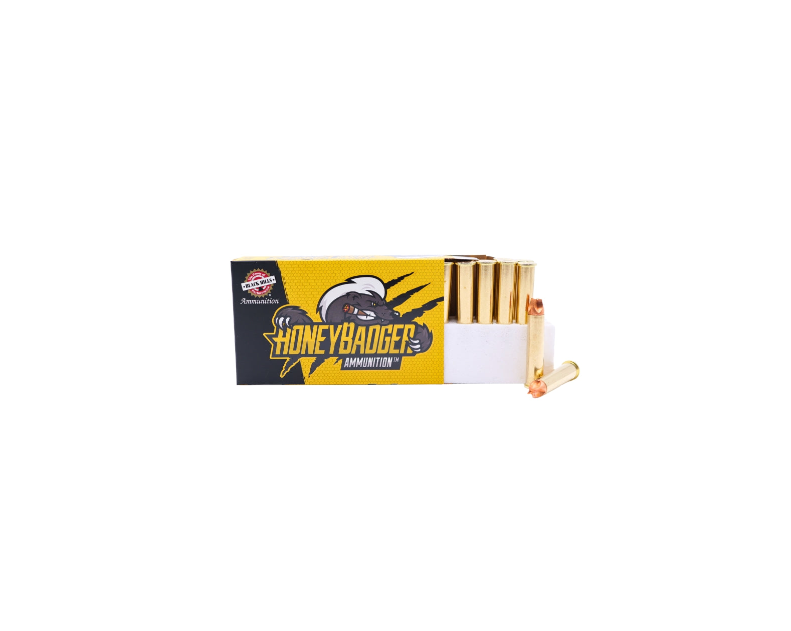 Picture of 20 RD box displaying rounds of 45-70 325GR Black Hills Honey Badger (1C4570N4) - Bone Frog Gun Club