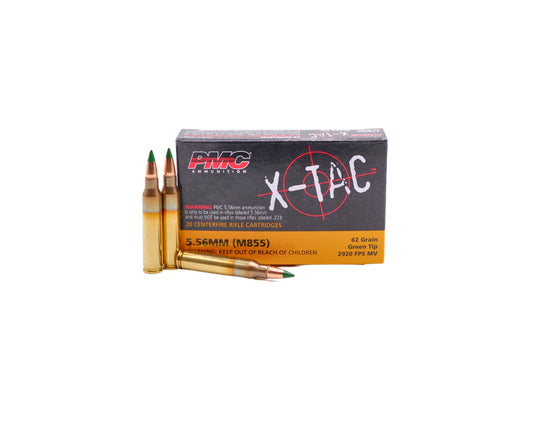Picture of 20 Rd box displaying rounds of 5.56 62GR PMC X-TAC Green-Tip (556K) at Bone Frog Ammunition 