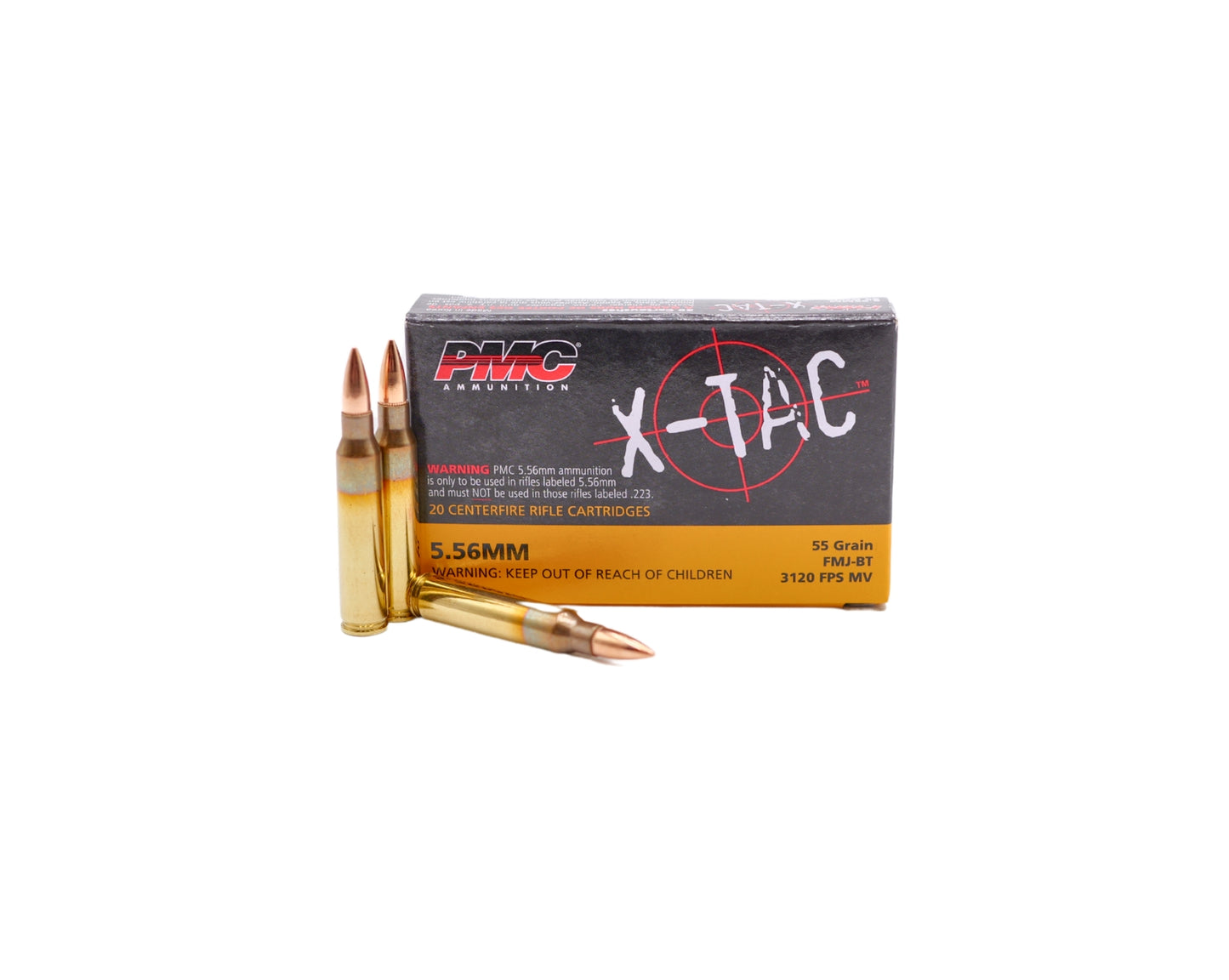 Picture of 20 Rd box displaying rounds of 5.56 55GR PMC FMJ-BT (556X) at Bone Frog Ammunition