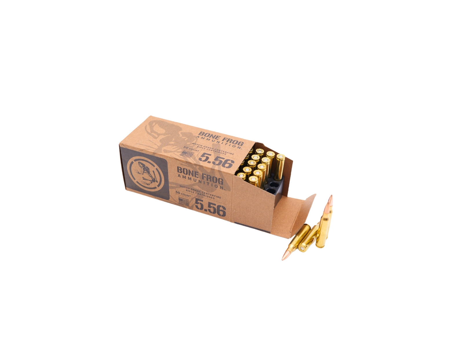 Picture of 50 RD box displaying rounds of 5.56 77GR Bone Frog Ammunition™ Barnes Match Burner OTM BT(B556BMB77)