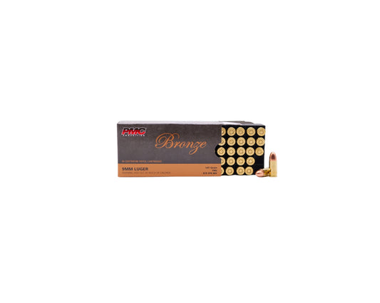 Picture of a 50 RD Box showing rounds of 9MM 147GR PMC BRONZE FMJ (9H) at Bone Frog Ammunition 