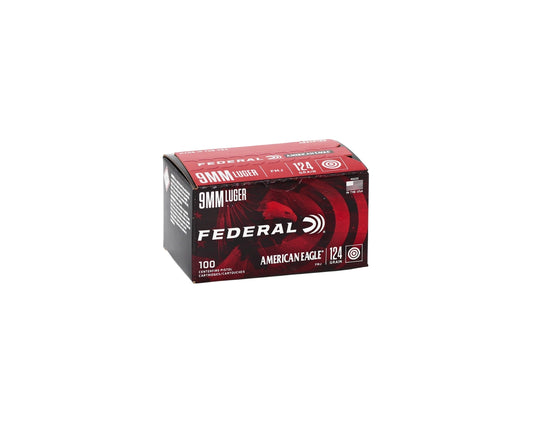 Picture of a 100 RD box of 9MM 124GR Federal American Eagle FMJ (AE9AP100) at Bone Frog Ammunition