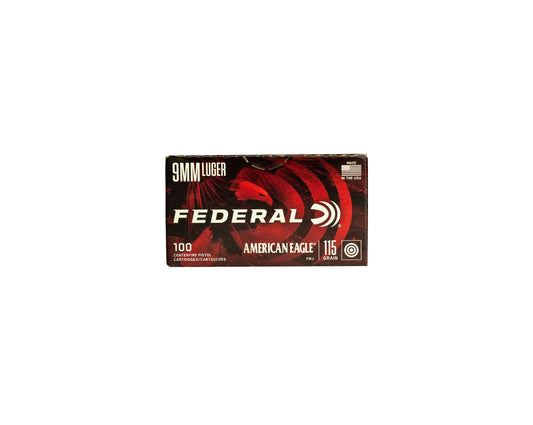 Picture of a 100 RD box of 9MM 115GR Federal American Eagle FMJ (AE9DP100) at Bone Frog Ammunition
