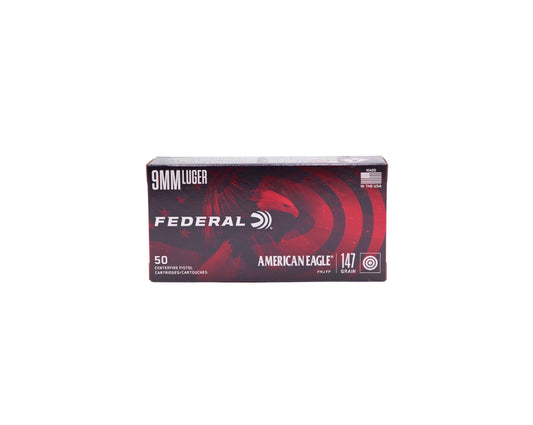Picture of a 50 RD box of 9MM 147GR American Eagle FMJ (AE9FP) - BONE FROG GUN CLUB