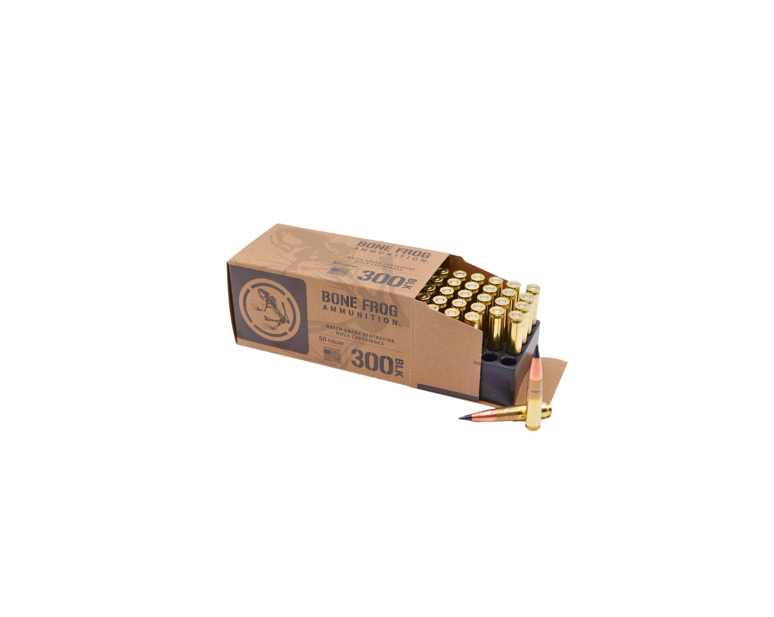 Picture of 50 RD Box displaying rounds of 300 Blackout 110GR Bone Frog Ammunition™ Barnes TAC-TX (B300BLKTACTX110) at Bone Frog Ammunition