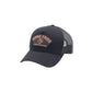 Side facing photo of Bone Frog Ammunition Snapback Trucker Hat Black with Black/Tan PVC Curve Logo sewn on