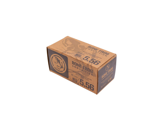 Picture of side view of 50 Rd box of 5.56 77GR Bone Frog Ammunition™ Sierra Tipped MatchKing (TMK) at Bone Frog Ammunition 
