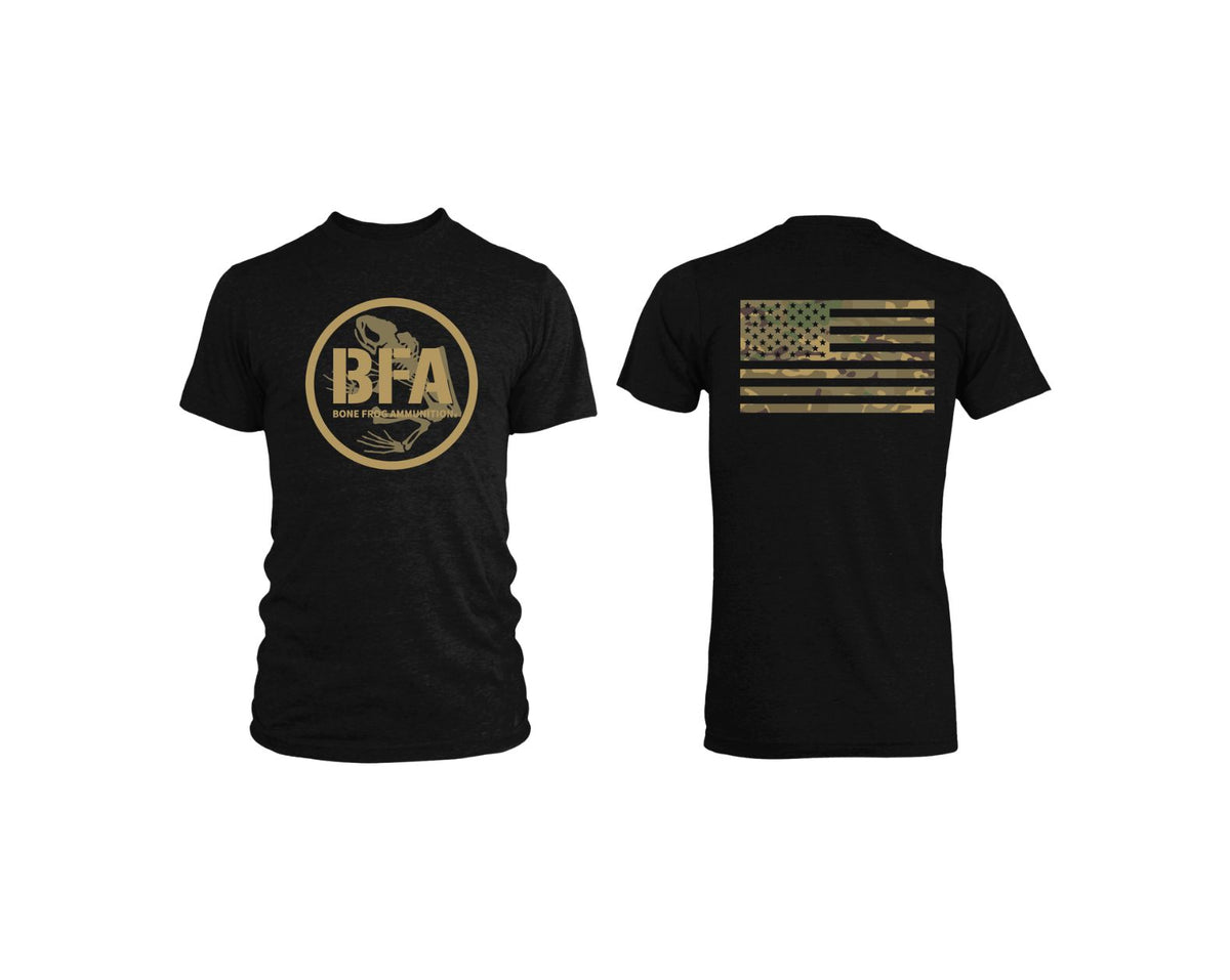 BFA Circle Logo t-shirt design on front with Multicam flag on back.