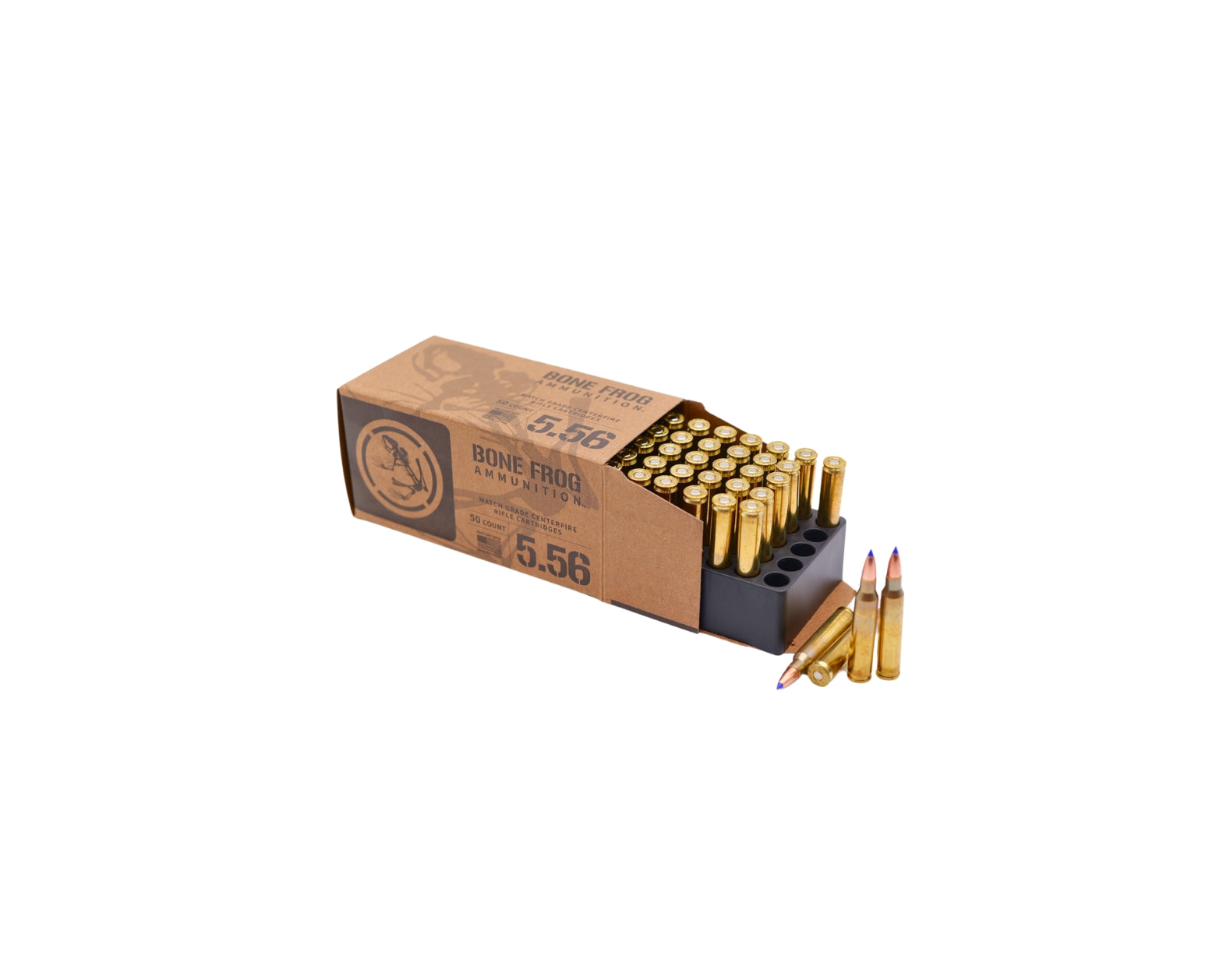 Picture of a 50 RD Box showing rounds of 5.56 62GR Bone Frog Ammunition™ Barnes Tipped TSX (TTSX BT) (B556TTSX62) at Bone Frog Ammunition