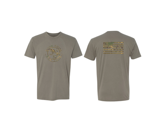 Image of BFGC Multicam® American Flag S/S T-Shirt Grey with large Bone Frog Gun Club™ Logo front and Flag back.
