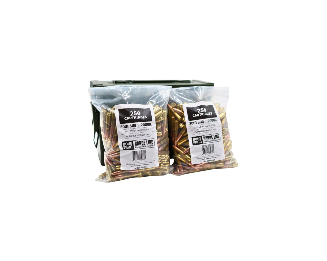 Picture of 500RDs of 300 Blackout Subsonic 200GR FMJ Bone Frog Range Line™ (BRL300FMJ200) bulk packs displayed with ammo can at Bone Frog Ammunition