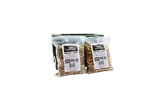 Picture of 500RDs of 300 Blackout Subsonic 200GR FMJ Bone Frog Range Line™ (BRL300FMJ200) bulk packs displayed with ammo can at Bone Frog Ammunition