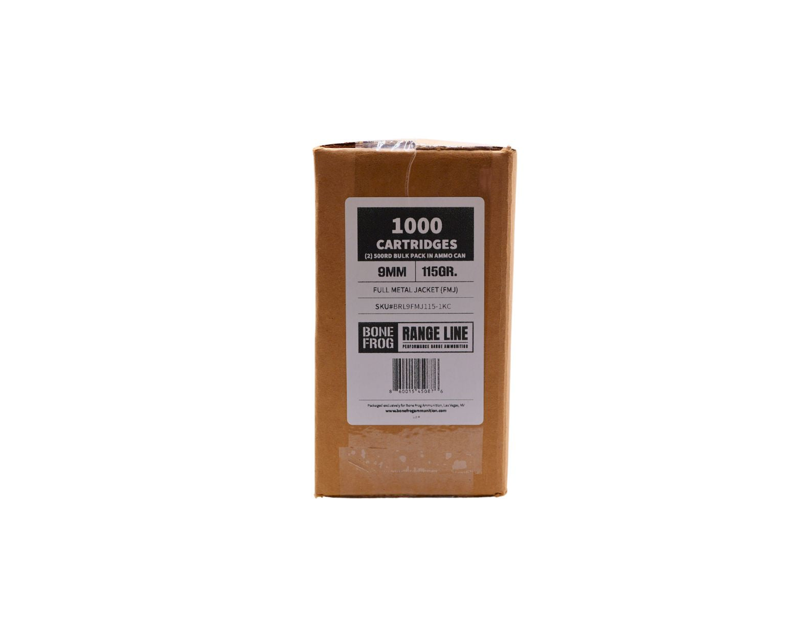 Picture of 1000RD 9MM 115GR FMJ Bone Frog Range Line™ (BRL9FMJ115) in corrugated case at Bone Frog Ammunition