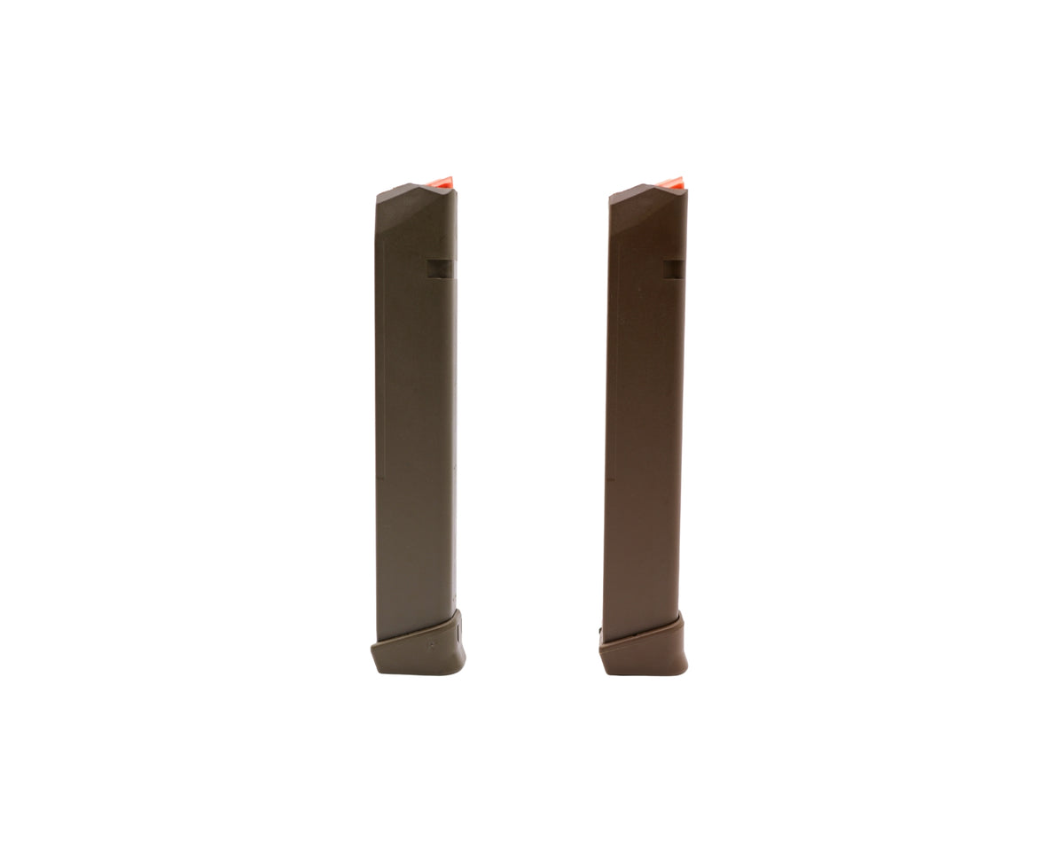 Picture of FDE and ODG Glock 17 33 RD Magazine at Bone Frog Ammunition