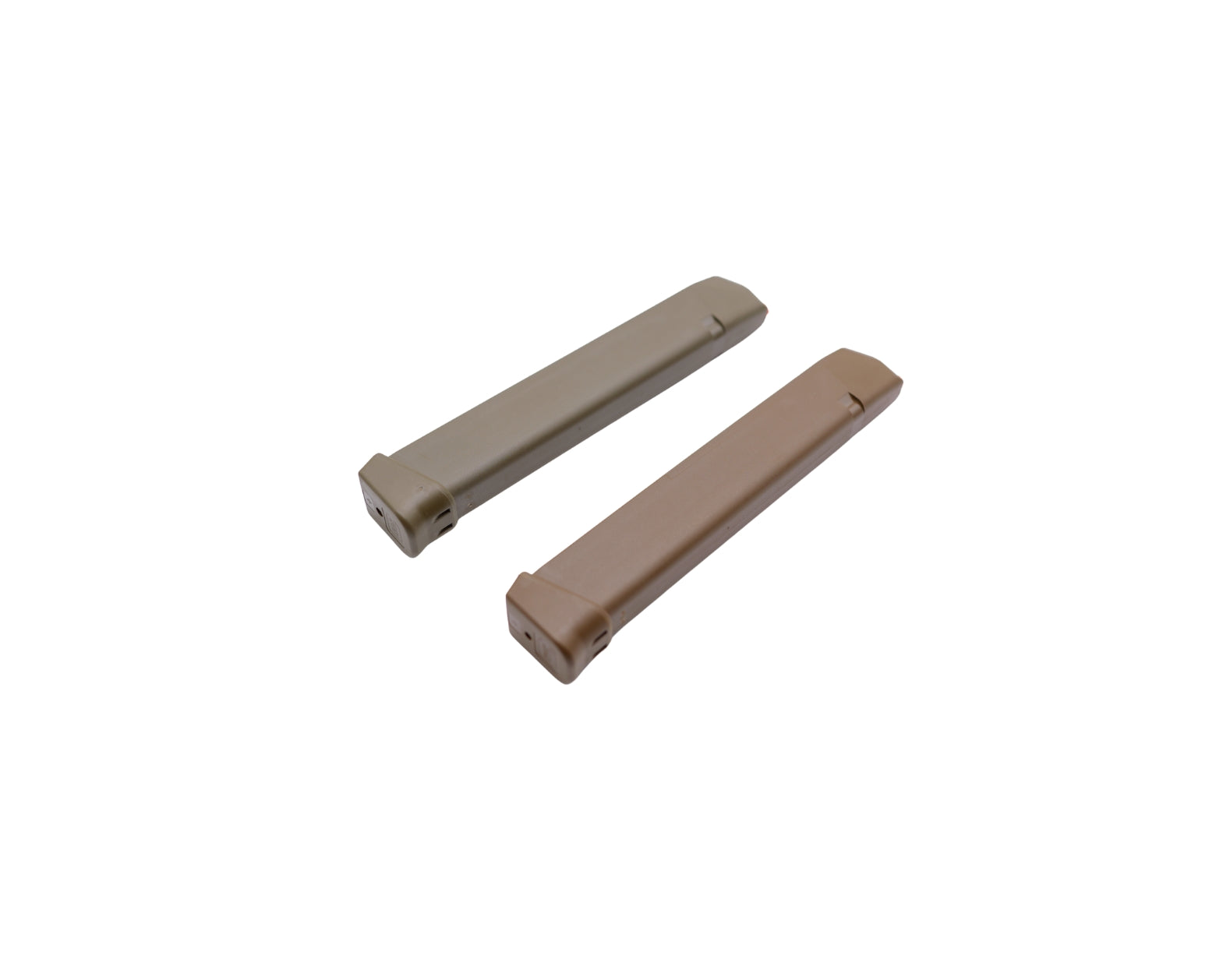 Picture of FDE and ODG Glock 17 33 RD Magazine laid flat at Bone Frog Ammunition