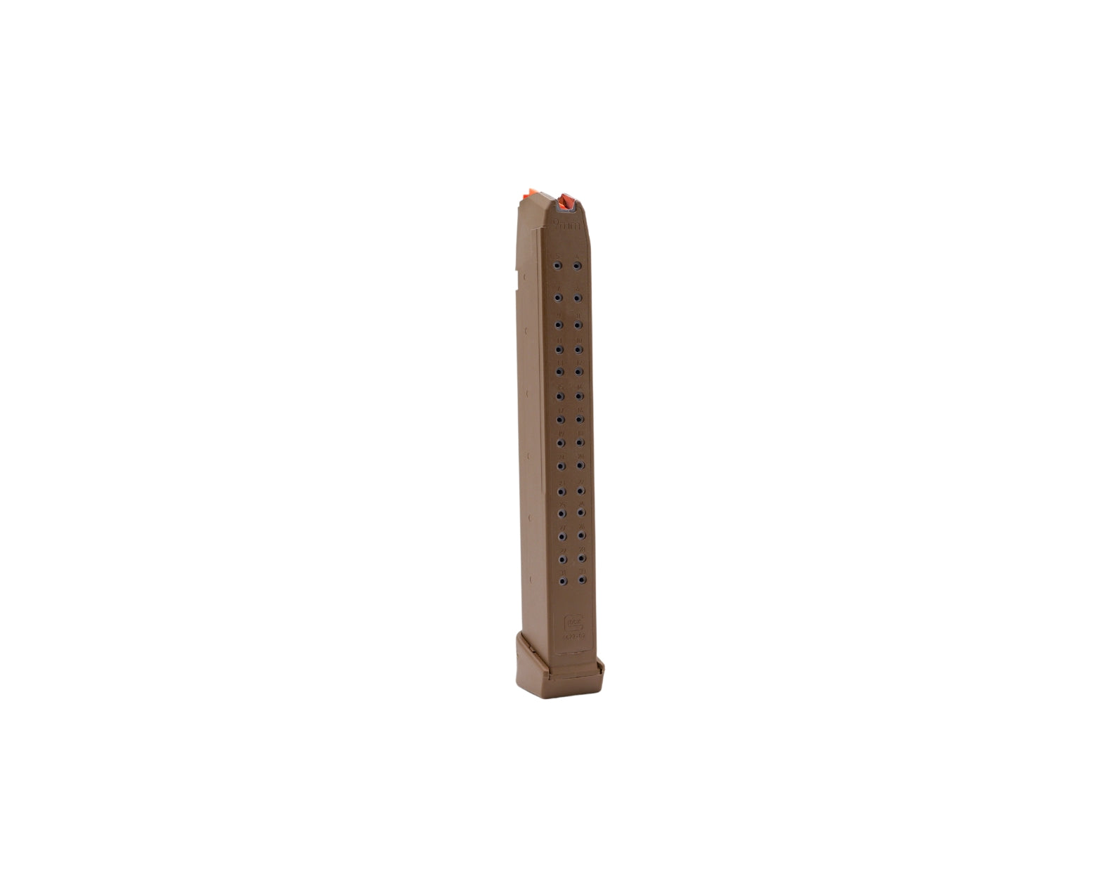 Picture of the side view of a FDE Glock 17 33 RD Magazine at Bone Frog Ammunition