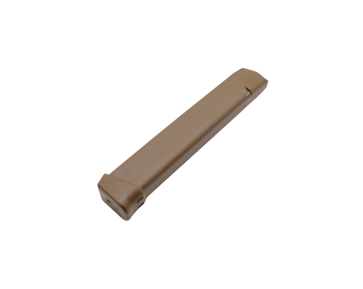 Picture of FDE Glock 17 33 RD Magazine laid flat at Bone Frog Ammunition
