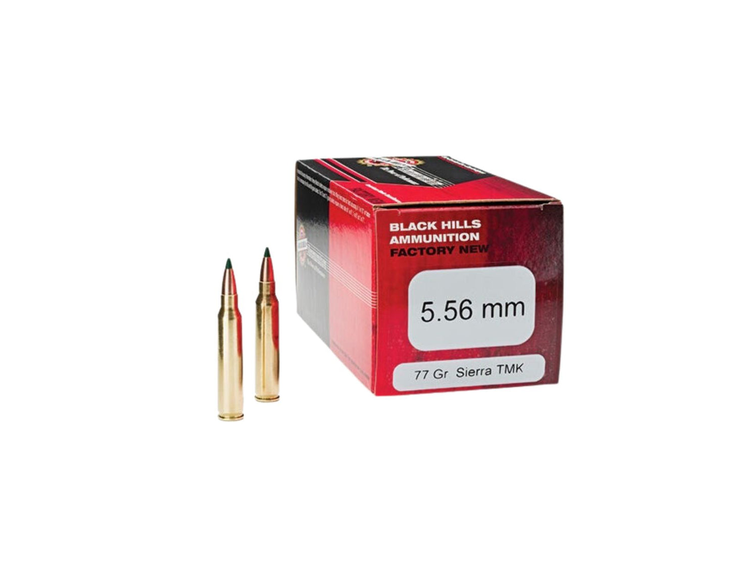 Picture of side view of 50 Rd box showing rounds of 5.56 77GR Black Hills Tipped Match King TMK (D556N19) at Bone Frog Ammunition