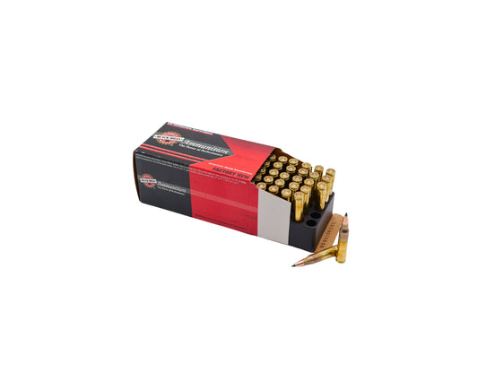 Picture of 50 Rd box showing rounds of 5.56 77GR Black Hills Tipped Match King TMK (D556N19) at Bone Frog Ammunition