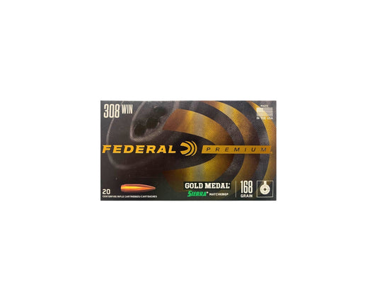 Picture of a 20 RD box of 308 (7.62x51) 168GR Federal Gold Medal Match Sierra Matchking BTHP (GM308M) at Bone Frog Ammunition