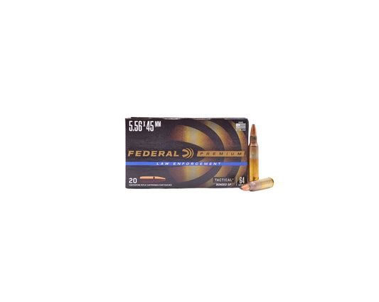 Picture of 20 RD box displaying rounds of NATO 64GR Federal Tactical Bonded Soft Point (LE556T4) at Bone Frog Ammunition.