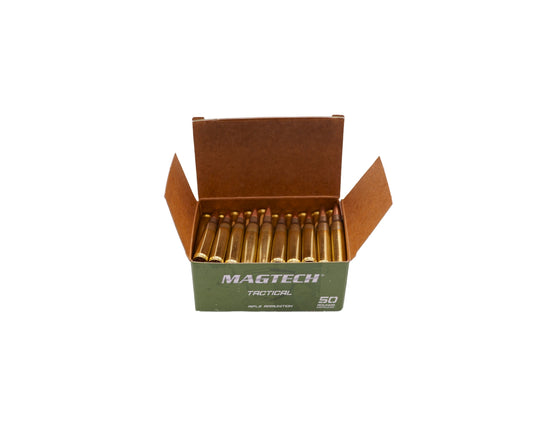 Picture of a 50 RD box showing rounds of 5.56 62GR MagTech FMJ-BT (MAGT556B) at Bone Frog Ammunition 