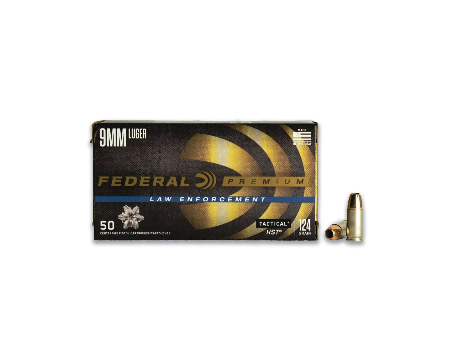 Photo of 50 round box showing rounds of 9MM 124GR Federal Premium Tactical HST JHP sku P9HST1 at Bone Frog Gun Club