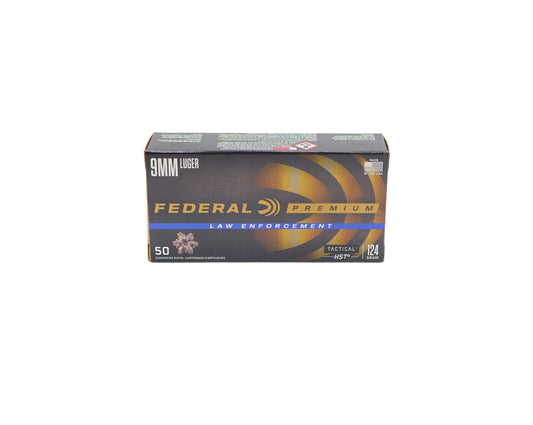 Photo of 50 round box showing 9MM 124GR Federal Premium Tactical HST JHP sku P9HST1 at Bone Frog Gun Club
