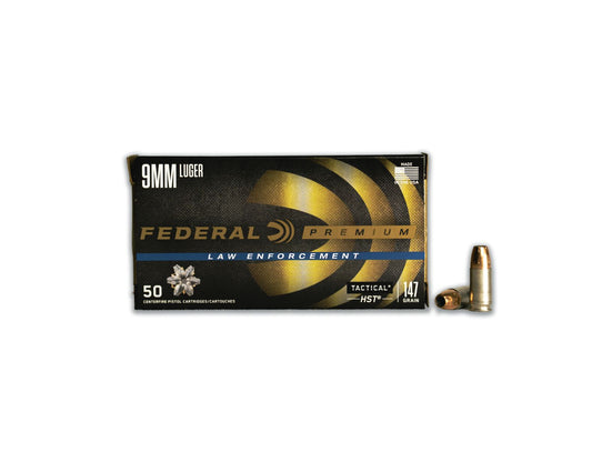 Picture of 50 round box showing rounds of 9MM 147GR Federal Premium Tactical HST JHP sku-P9HST2 at Bone Frog Gun Club