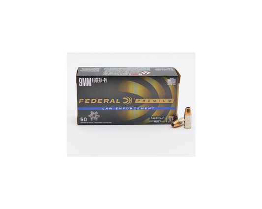 Photo of 50 round box showing rounds of 9MM 124GR Federal Premium Tactical HST JHP sku P9HST1 at Bone Frog Gun Club