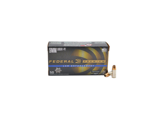 Photo of 50 round box showing rounds of 9MM 124GR Federal Premium Tactical HST JHP sku P9HST1 at Bone Frog Gun Club