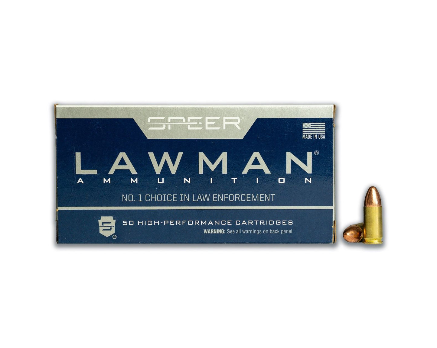 Photo of 50 round box showing rounds of 9MM 115GR Speer Lawman TMJ (53650) - Bone Frog Gun Club
